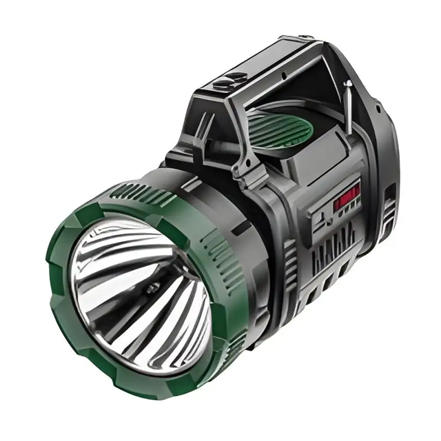 Solar Powered Emergency Rechargeable IPX4 1000 lumen Handle Spotlight with BT FM Radio LCD Display: Multi-Function LED Work Light for Outdoor and Workshop