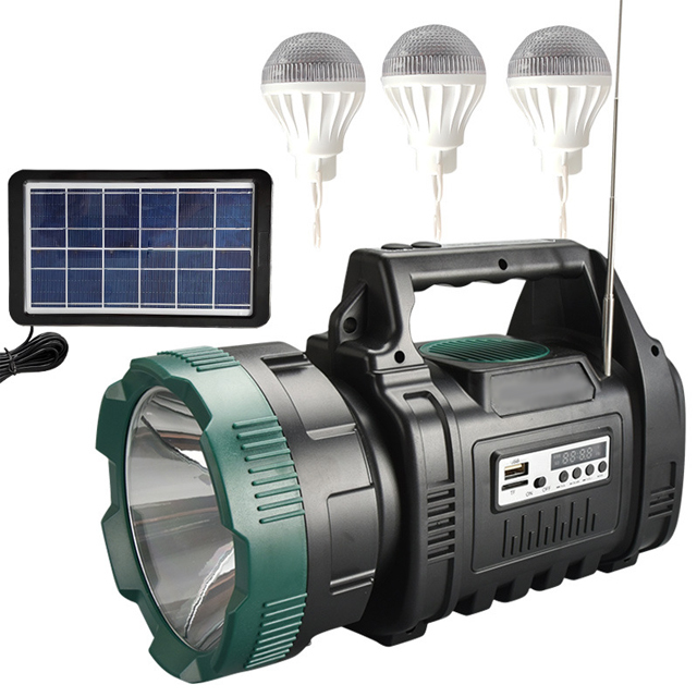 Solar Powered Emergency Rechargeable IPX4 1000 lumen Handle Spotlight with BT FM Radio LCD Display: Multi-Function LED Work Light for Outdoor and Workshop