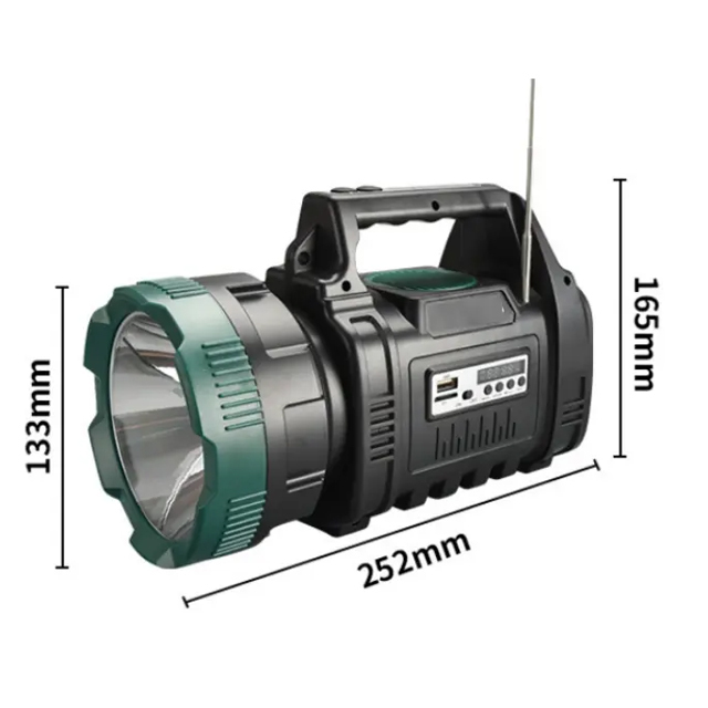 Solar Powered Emergency Rechargeable IPX4 1000 lumen Handle Spotlight with BT FM Radio LCD Display: Multi-Function LED Work Light for Outdoor and Workshop