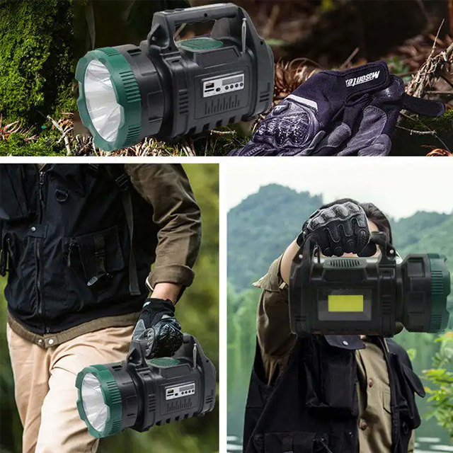 Solar Powered Emergency Rechargeable IPX4 1000 lumen Handle Spotlight with BT FM Radio LCD Display: Multi-Function LED Work Light for Outdoor and Workshop