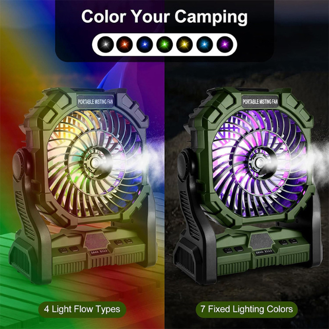 Portable Misting Fan with 7800mAh Battery and 200mL Tank for Outdoor Cooling, RGB LED Light, and Foldable Design for Camping and Emergency Use