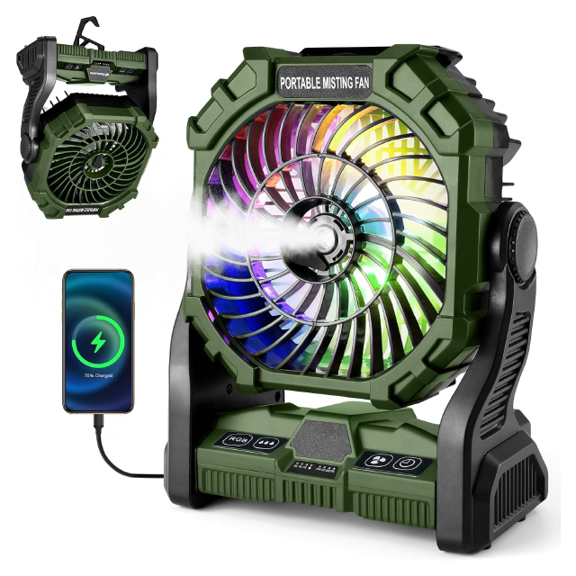 Portable Misting Fan with 7800mAh Battery and 200mL Tank for Outdoor Cooling, RGB LED Light, and Foldable Design for Camping and Emergency Use