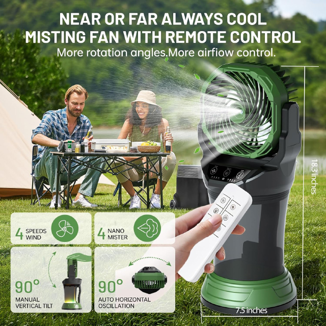 30000mAh USB Rechargeable Camping Fan with Remote Control & 2L Water Tank: RGB Lighting & Water Spray: 4-Speed Auto Oscillating Handheld Outdoor Misting Fan