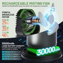 30000mAh USB Rechargeable Camping Fan with Remote Control & 2L Water Tank: RGB Lighting & Water Spray: 4-Speed Auto Oscillating Handheld Outdoor Misting Fan