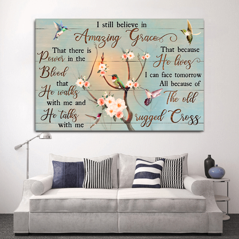 Apricot Blossom Hummingbird - I Still Believe In Grace Christian Canvas Wall Art