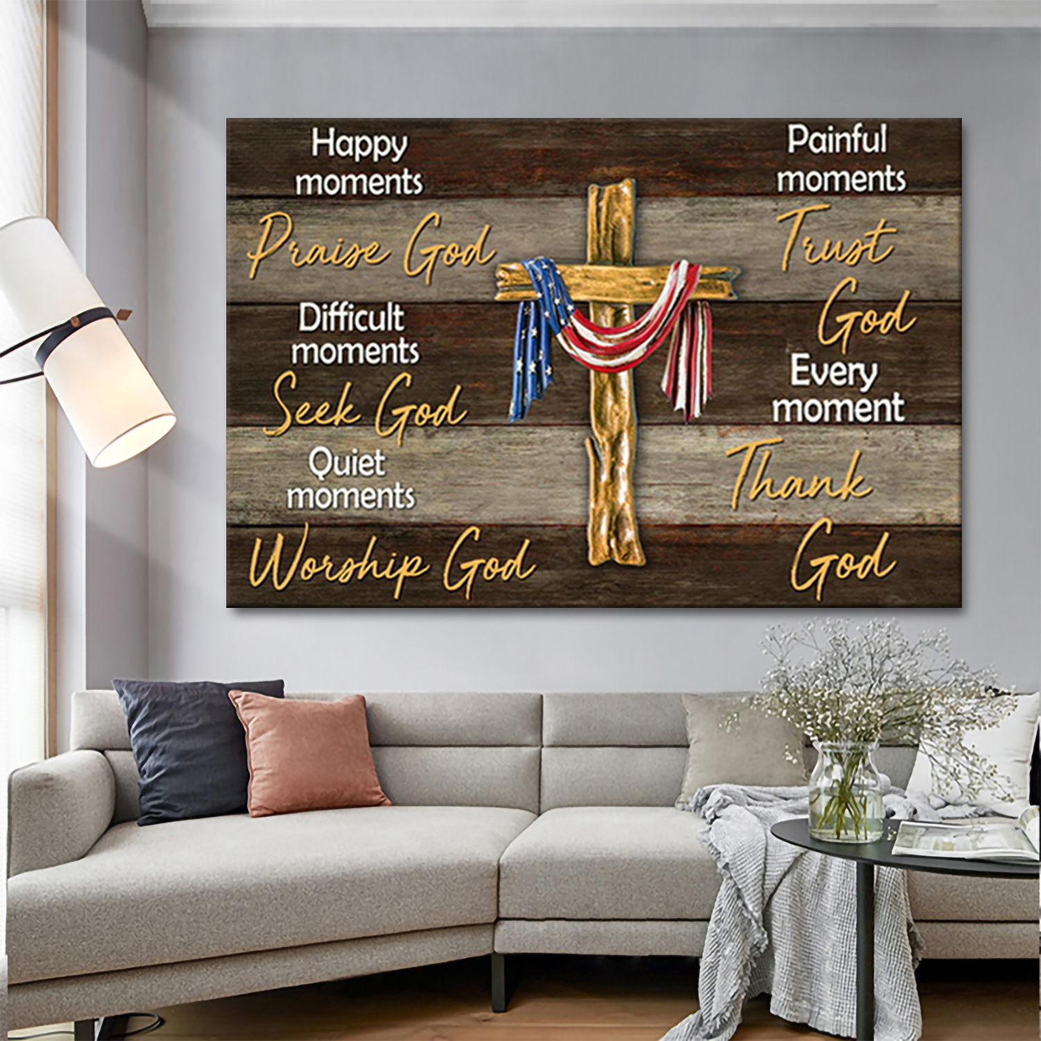 Happy Moments Praise God Difficult Moments Seek God Quiet Moments Worship God Painful Moments Trust God Every Moment Thank God - American Flag Wooden Cross Wall Art