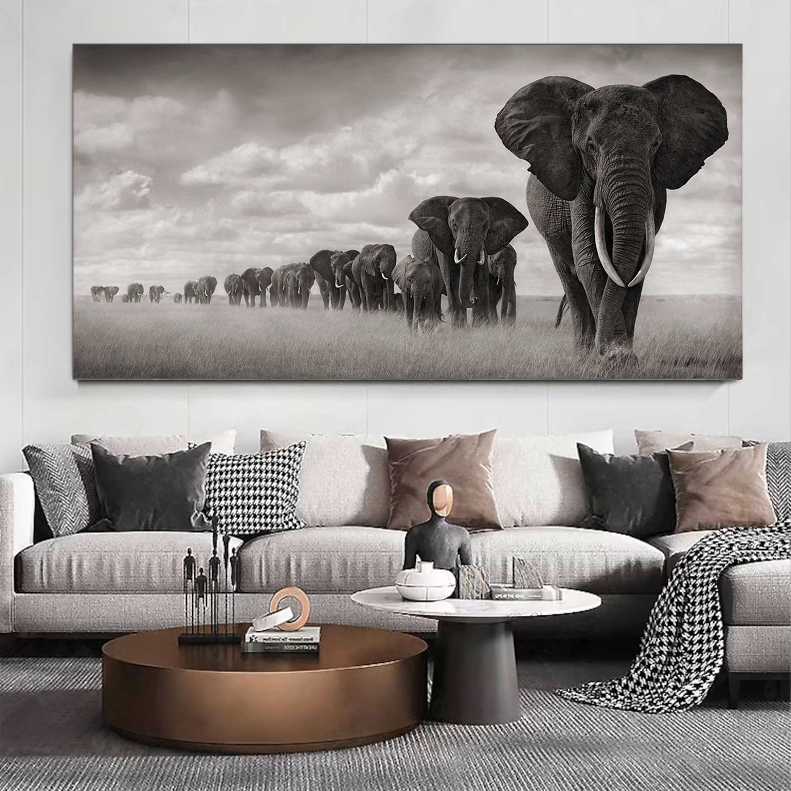 Africa's Elephants Walking Through Grass Canvas Wall Art