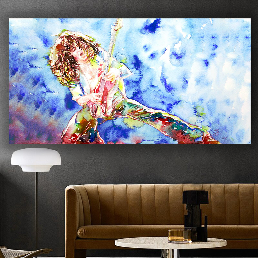 Eddie Van Halen Playing the Guitar Watercolour Canvas Wall Art