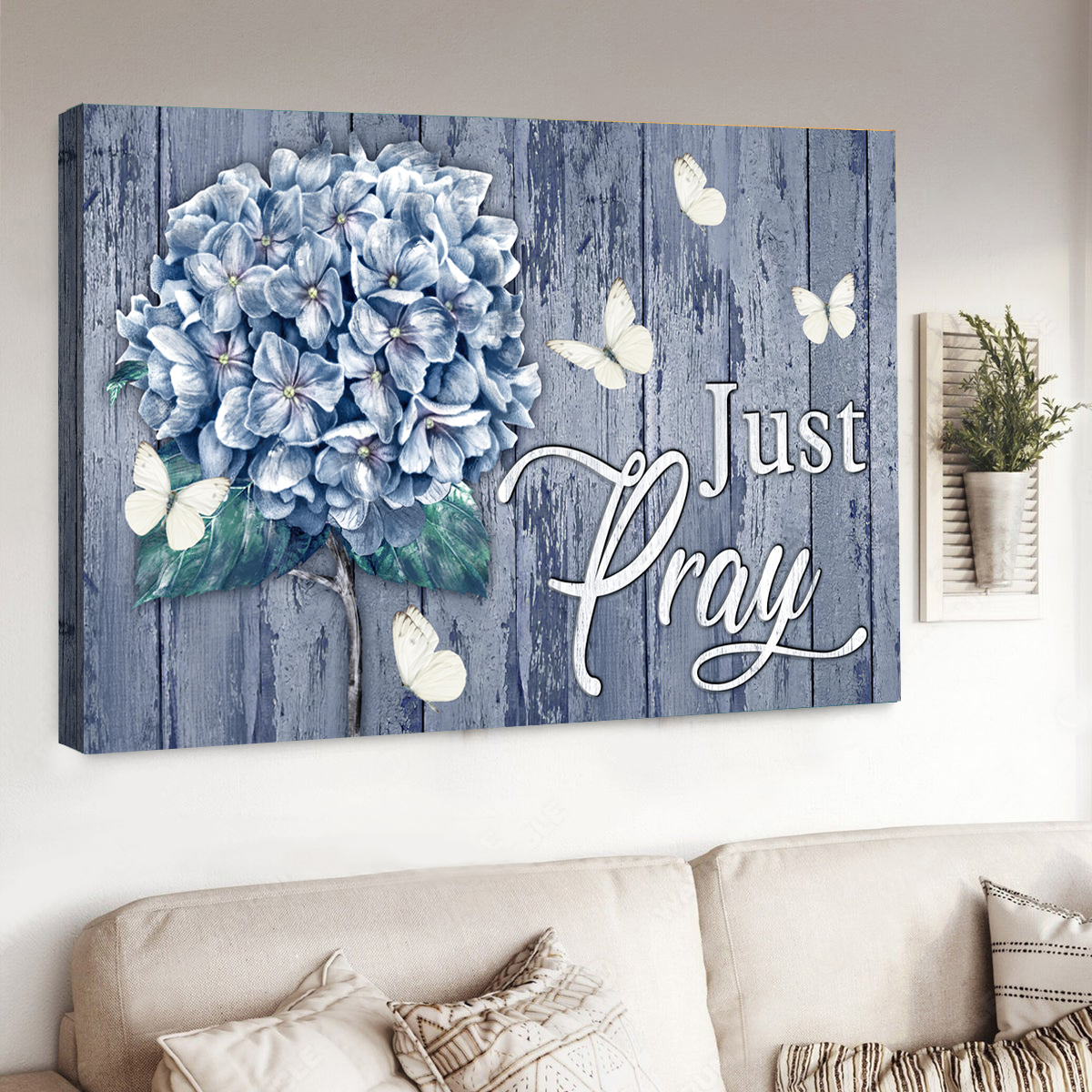 White butterfly, Hydrangea painting, Just pray - Jesus Landscape Canvas Prints, Wall Art