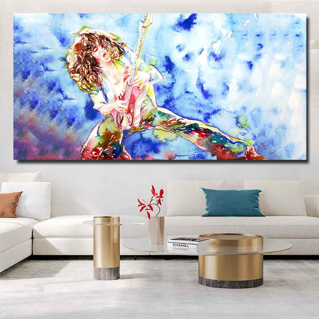 Eddie Van Halen Playing the Guitar Watercolour Canvas Wall Art