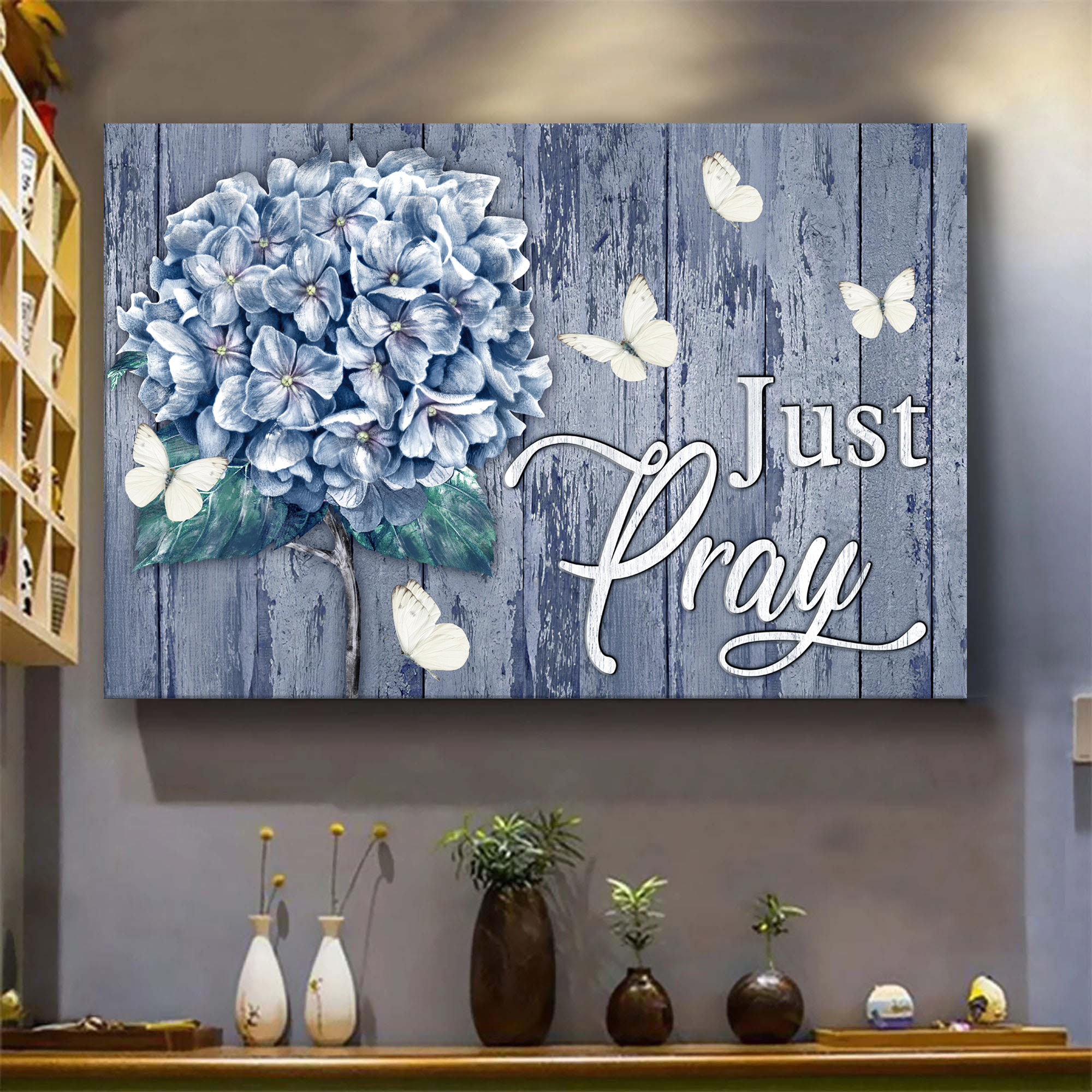 White butterfly, Hydrangea painting, Just pray - Jesus Landscape Canvas Prints, Wall Art