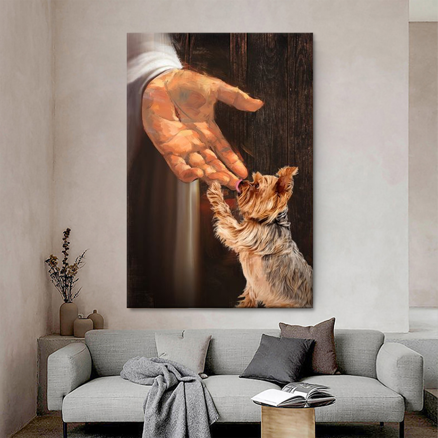 Yorkshire Terrier In the hand of God - Painting Portrait Canvas - Gift For Christian