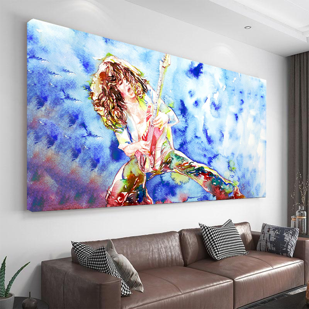 Eddie Van Halen Playing the Guitar Watercolour Canvas Wall Art