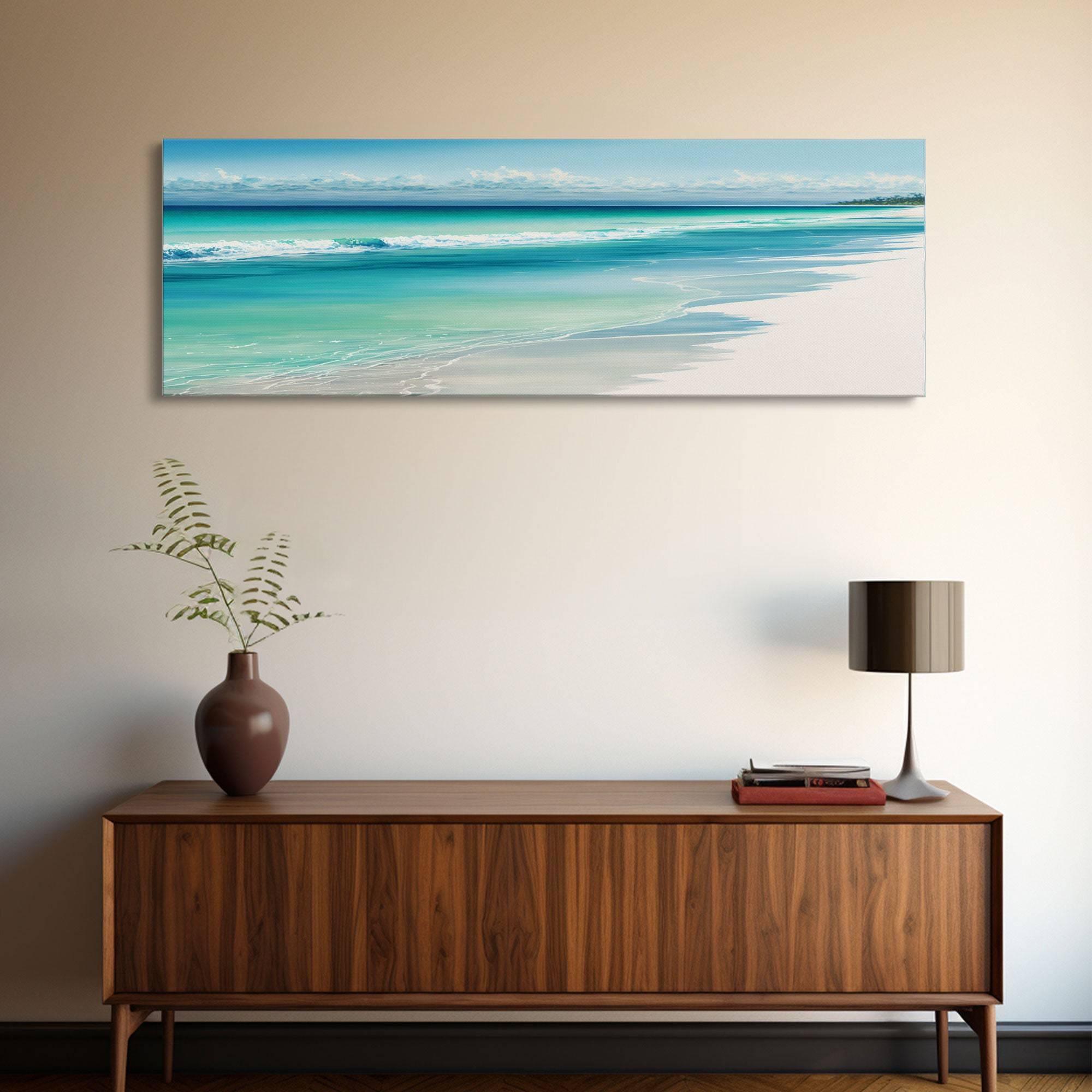 Blue Beach and Ocean Waves Panoramic Canvas Wall Art