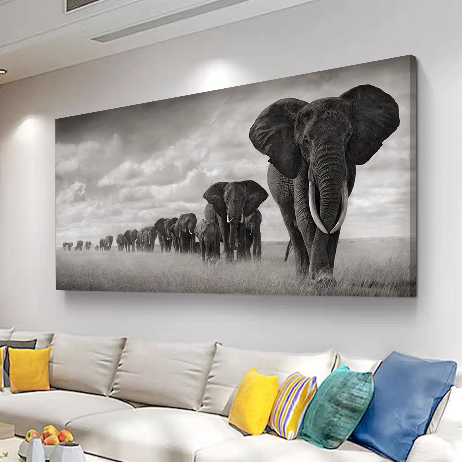 Africa's Elephants Walking Through Grass Canvas Wall Art