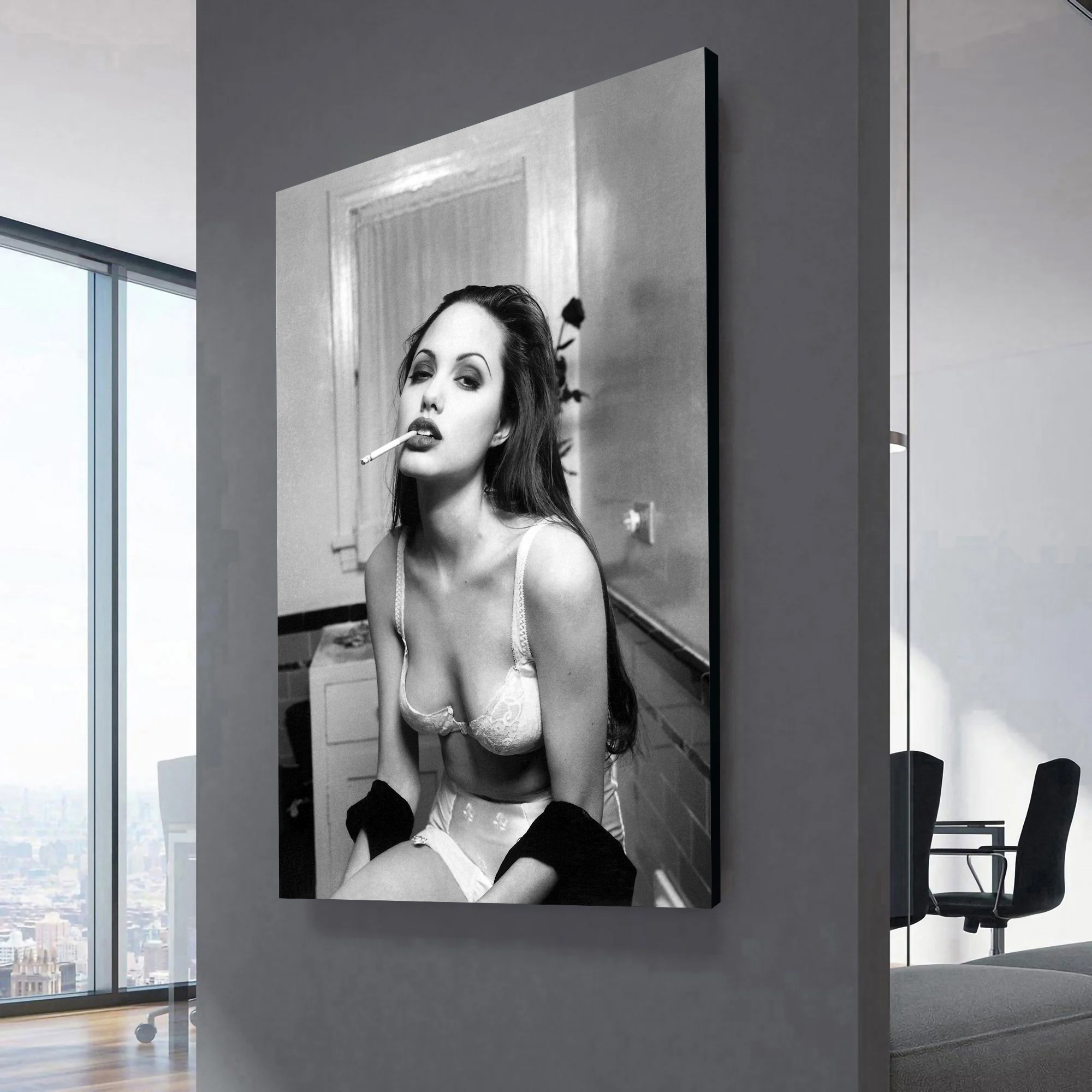 Sexy Angelina Jolie Smoking in Bathroom Canvas Wall Art