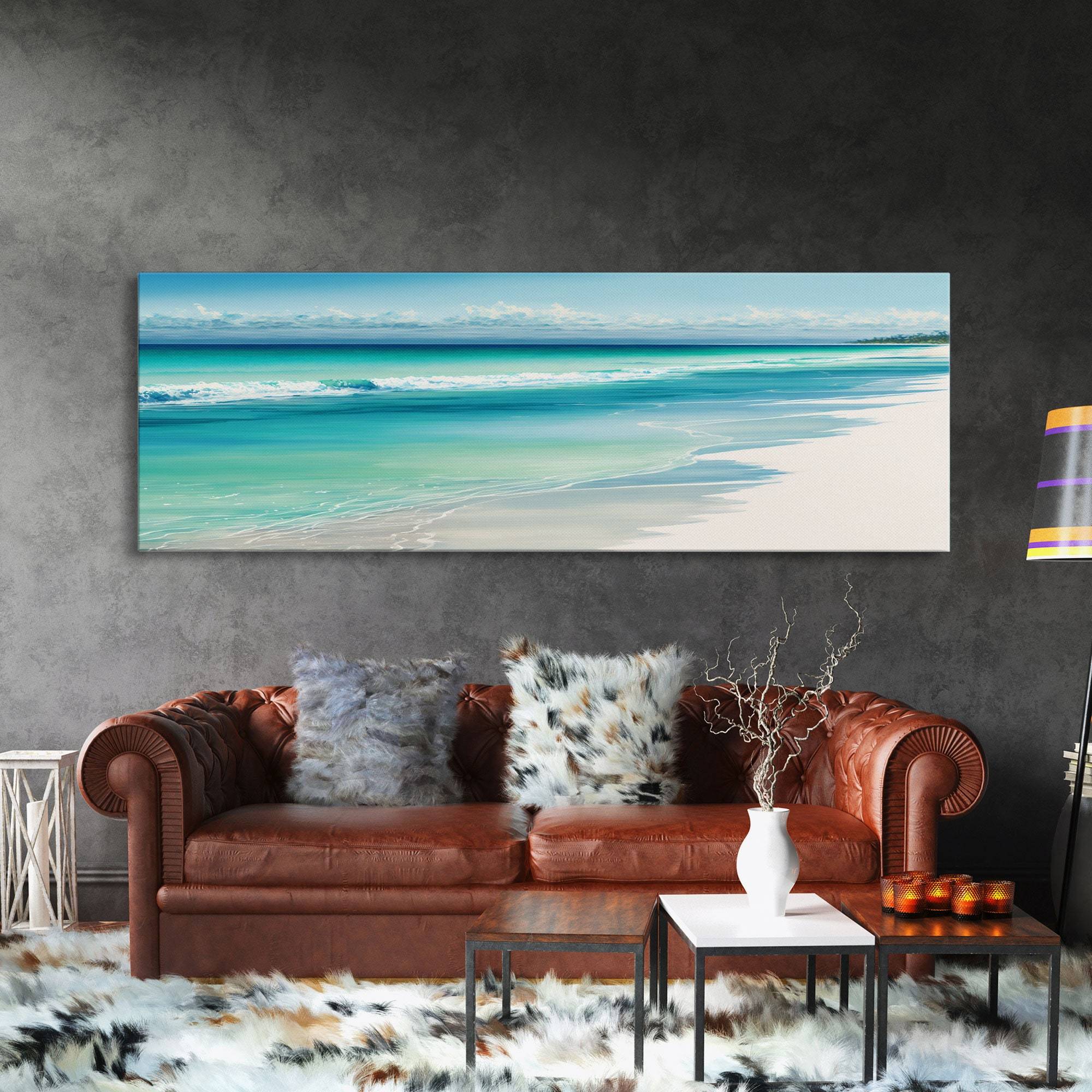Blue Beach and Ocean Waves Panoramic Canvas Wall Art