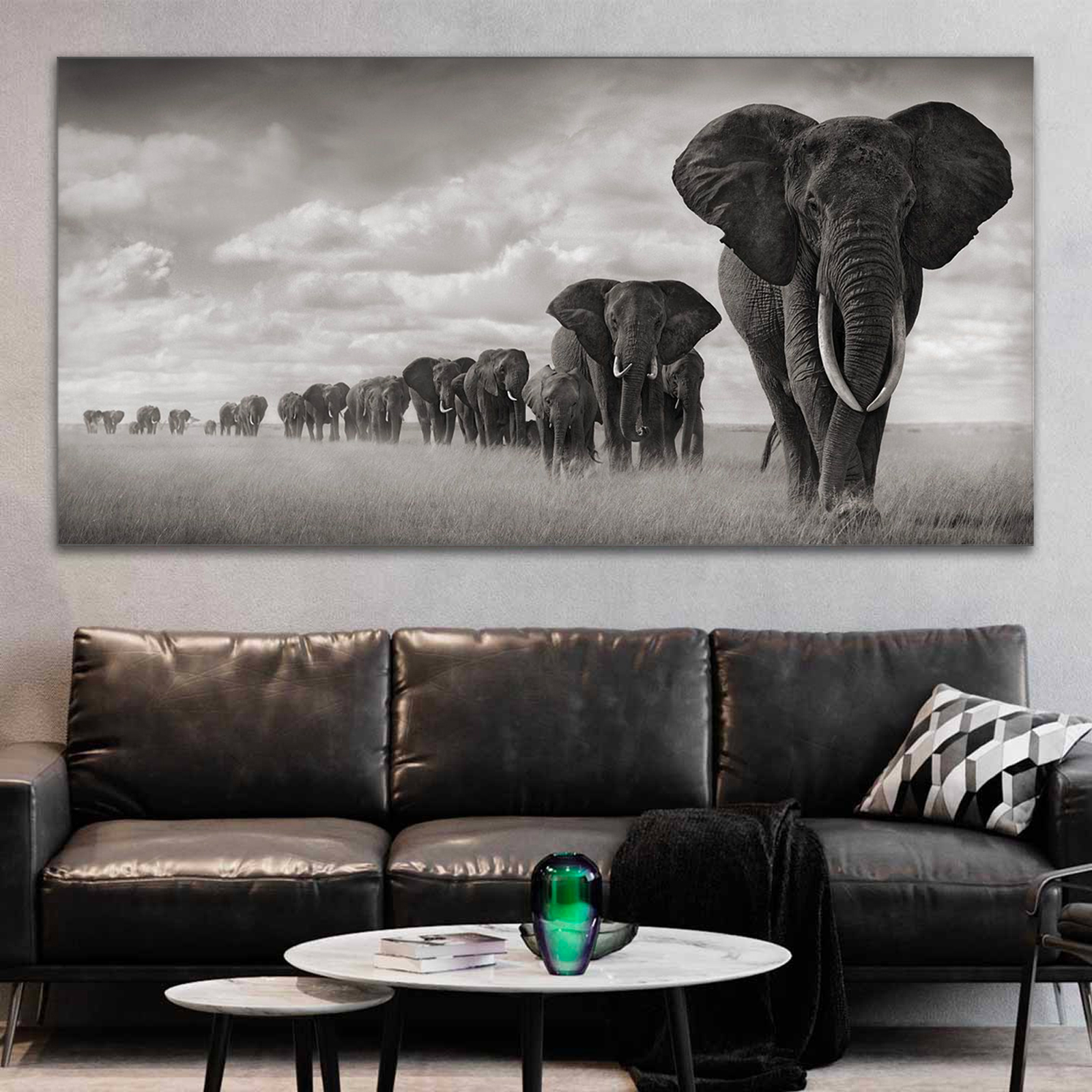 Africa's Elephants Walking Through Grass Canvas Wall Art