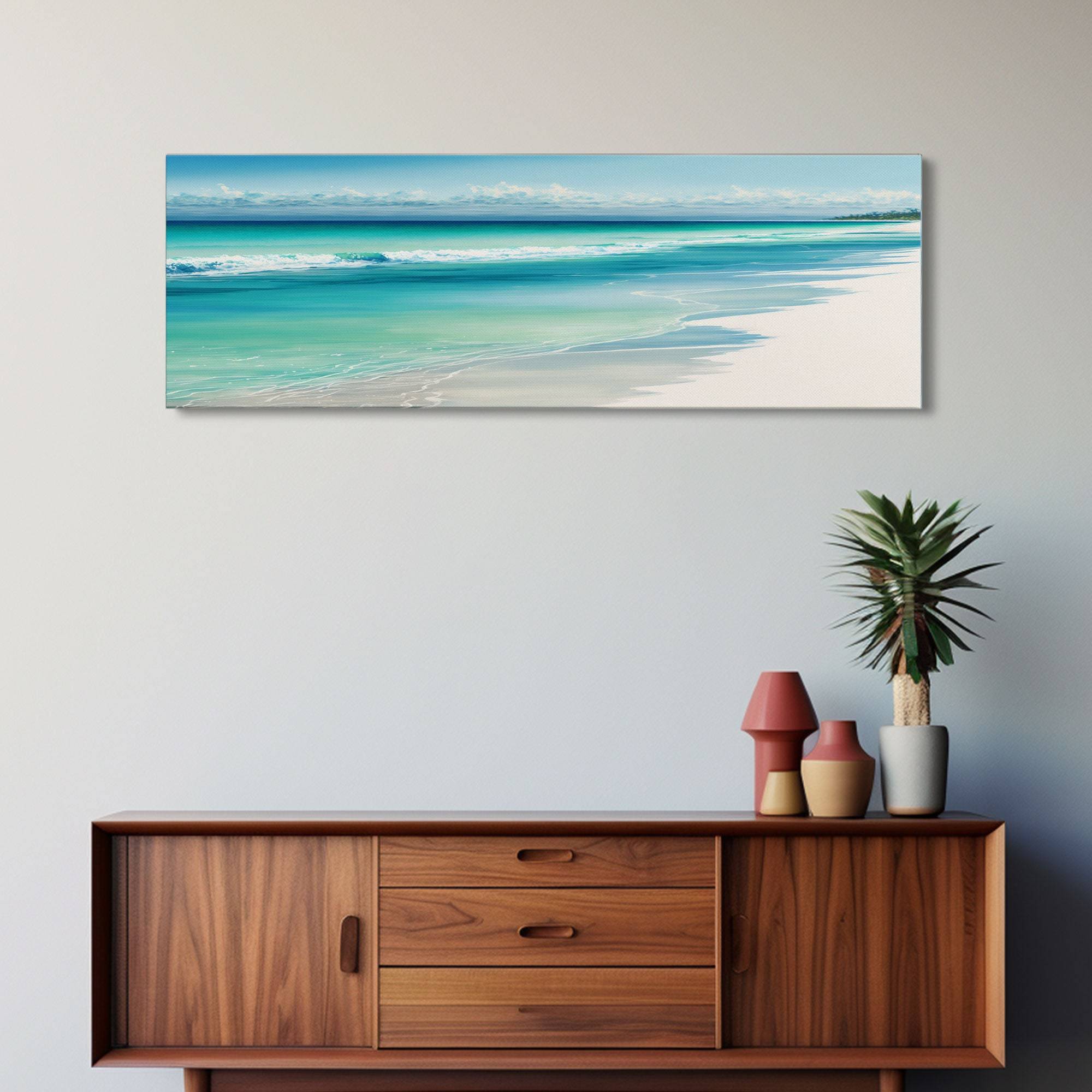 Blue Beach and Ocean Waves Panoramic Canvas Wall Art