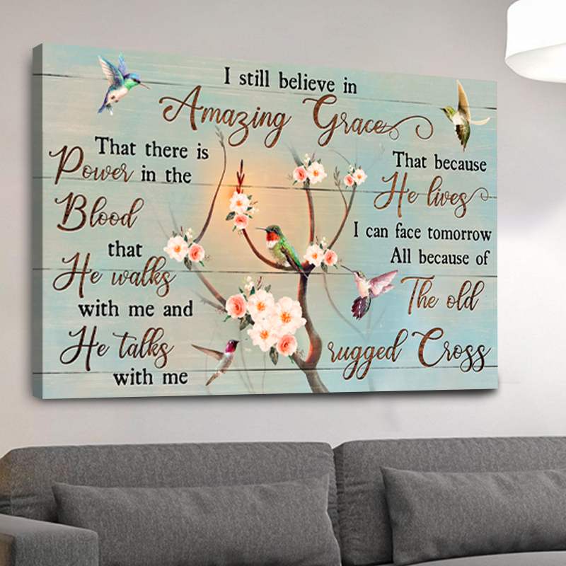 Apricot Blossom Hummingbird - I Still Believe In Grace Christian Canvas Wall Art