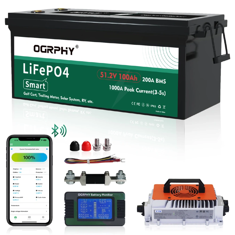48V Lithium Battery Golf Cart 48 Volt 100Ah LiFePO4 Batteries Kit, Golf Cart Accessories, Includes 200A Bluetooth BMS,LCD Display and Charger, 51.2V Pack for Ebike Truck Trolling Motor etc.