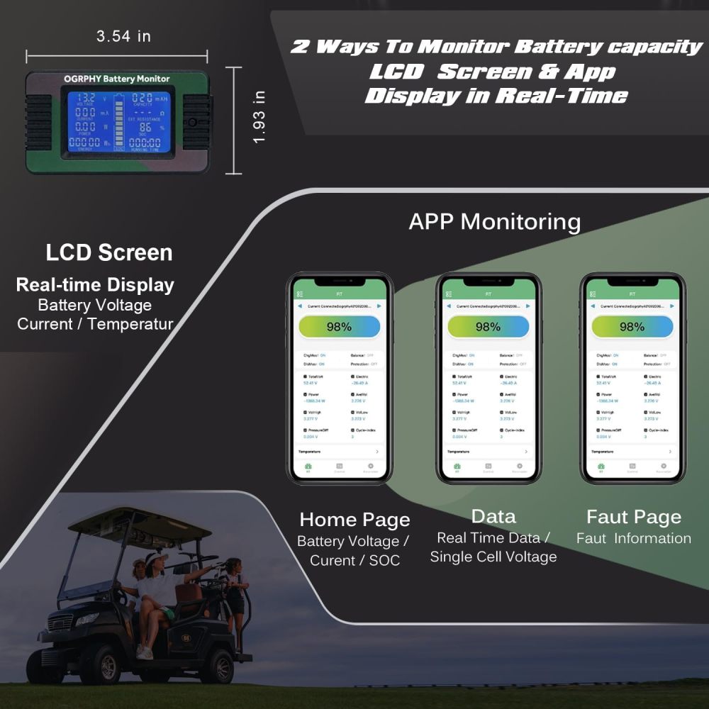 48V Lithium Battery Golf Cart 48 Volt 100Ah LiFePO4 Batteries Kit, Golf Cart Accessories, Includes 200A Bluetooth BMS,LCD Display and Charger, 51.2V Pack for Ebike Truck Trolling Motor etc.