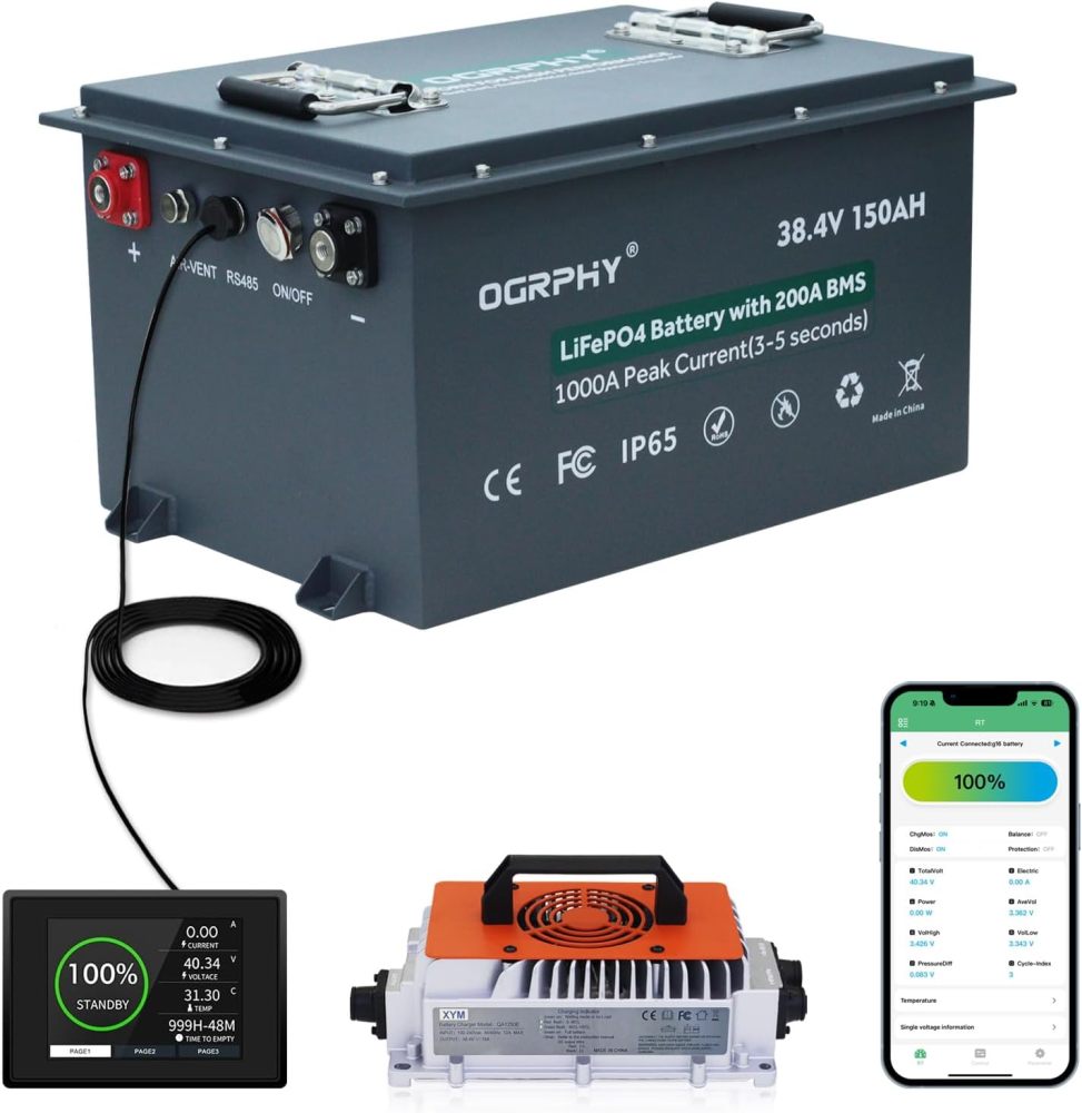 36V Lithium Golf Cart Battery, Built in Smart 200A BMS(1000A Peak Current), with Charger, Touch Monitor and Mobile APP, 4000+ Cycles Max 7.68kW Output, 70 Miles Range for Golf Cart(150AH)