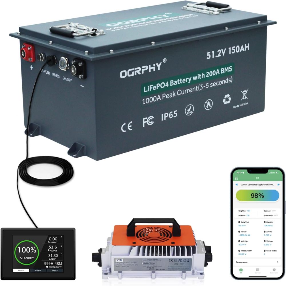48V 150AH Lithium Golf Cart Battery with Charger, Built in 200A BMS with Touch Monitor and Mobile APP, 48V Lithium Battery with 1000A Peak Current, Max 10.24kW Output 70 Miles Range for Golf Cart