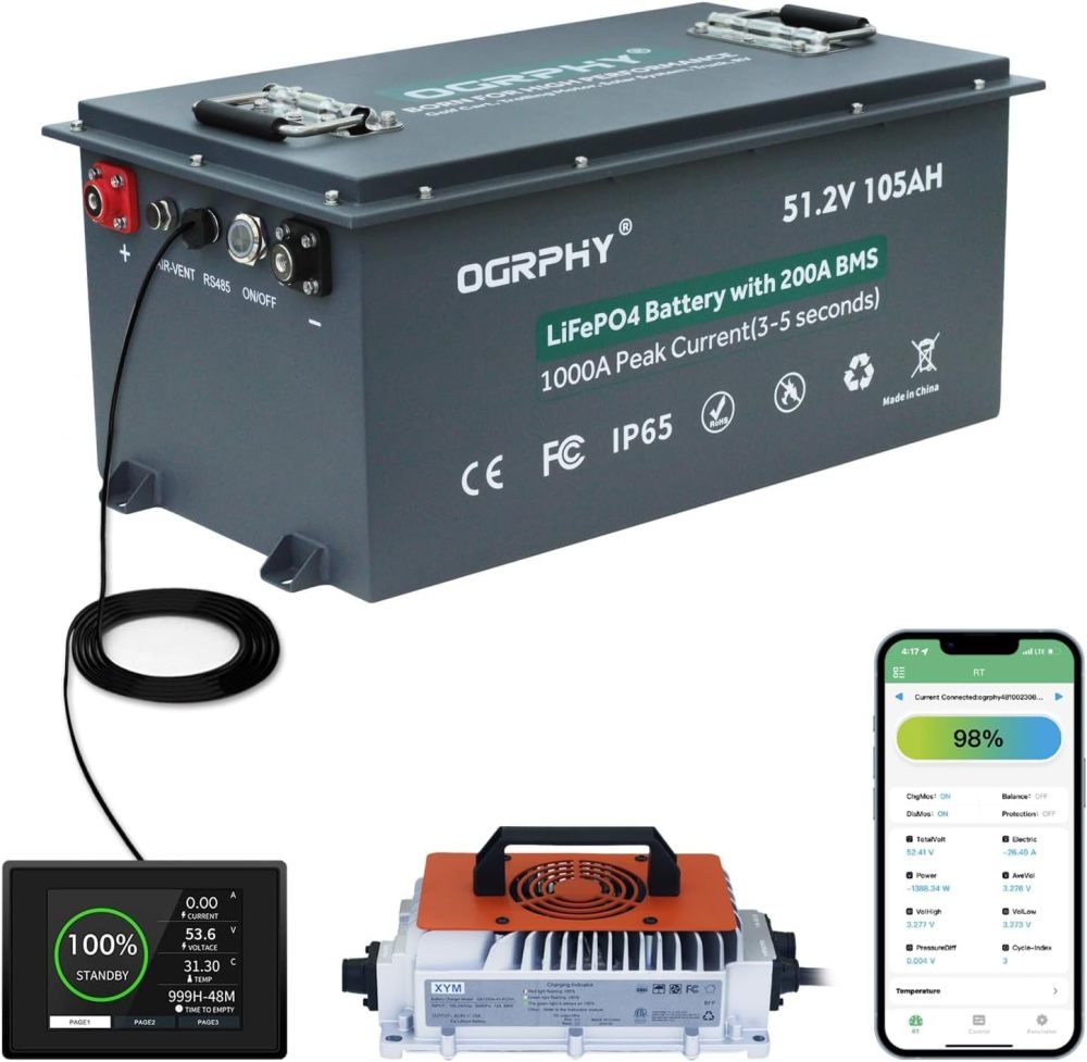 48V Lithium Golf Cart Battery, 200A BMS(1000A Peak Current), with Touch Monitor and Mobile APP, 4000+ Cycles 48V Lithium Battery with 18A Charger, Perfect for Golf Carts, Solar(105AH)