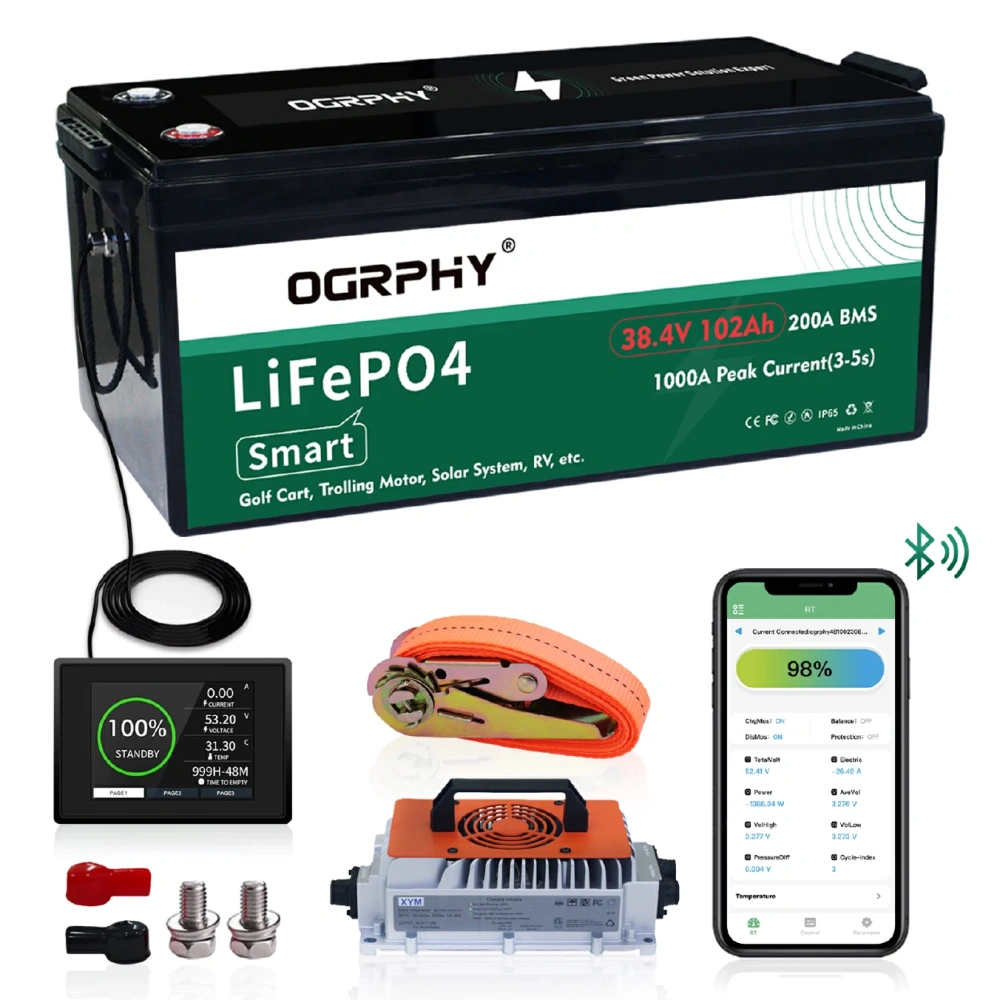 36V Lithium Golf Cart Battery 102Ah LiFePO4 36V Battery 200A BMS 1000A Peak Current, 3.89kWh Capacity, 4000+ Deep Cycles, Bluetooth,Touch Monitor and  and Mobile APP Monitor, 36V 25A Charger Golf Cart Accessories