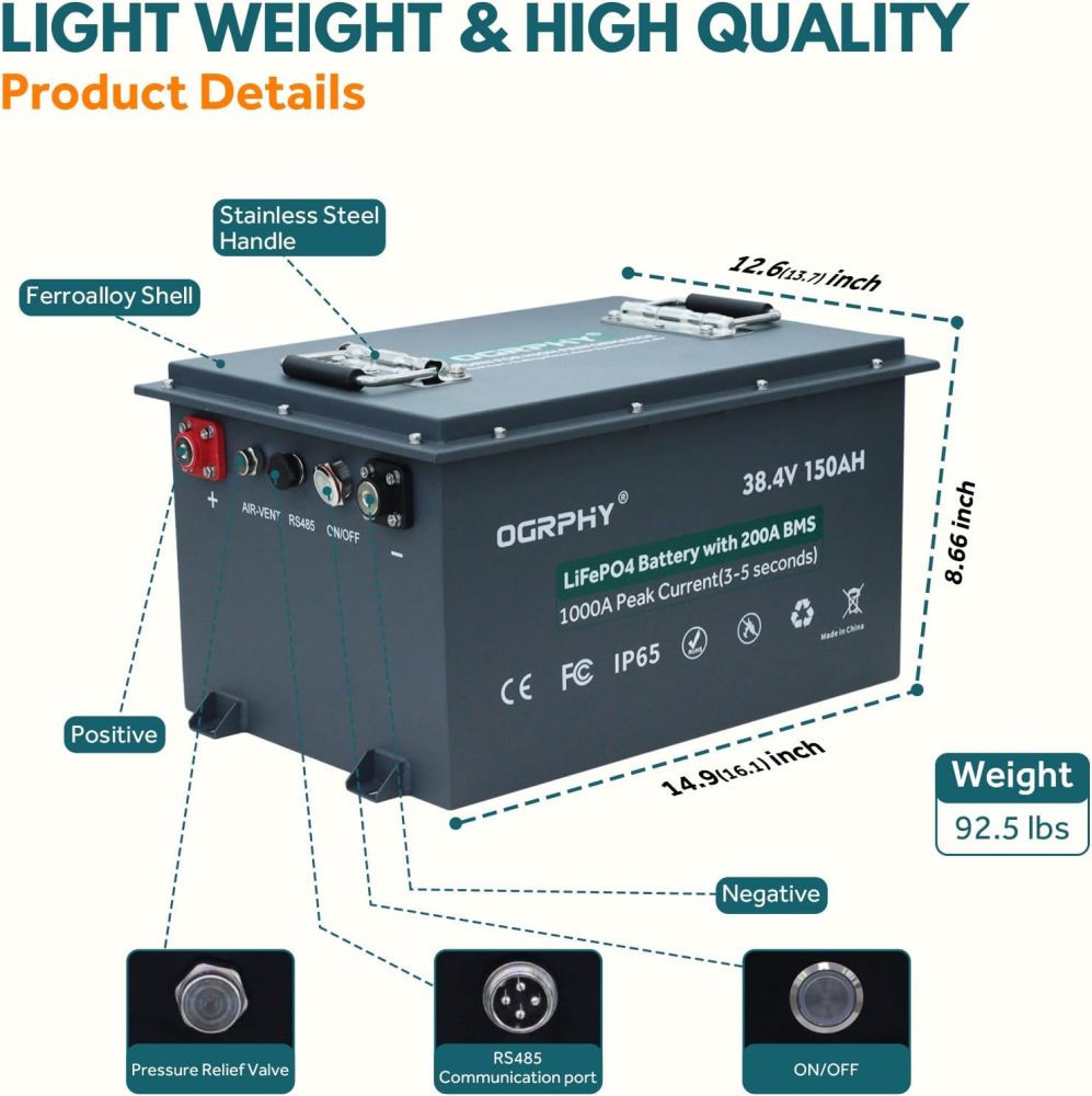36V Lithium Golf Cart Battery, Built in Smart 200A BMS(1000A Peak Current), with Charger, Touch Monitor and Mobile APP, 4000+ Cycles Max 7.68kW Output, 70 Miles Range for Golf Cart(150AH)