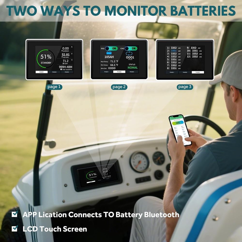 48V 150AH Lithium Golf Cart Battery with Charger, Built in 200A BMS with Touch Monitor and Mobile APP, 48V Lithium Battery with 1000A Peak Current, Max 10.24kW Output 70 Miles Range for Golf Cart