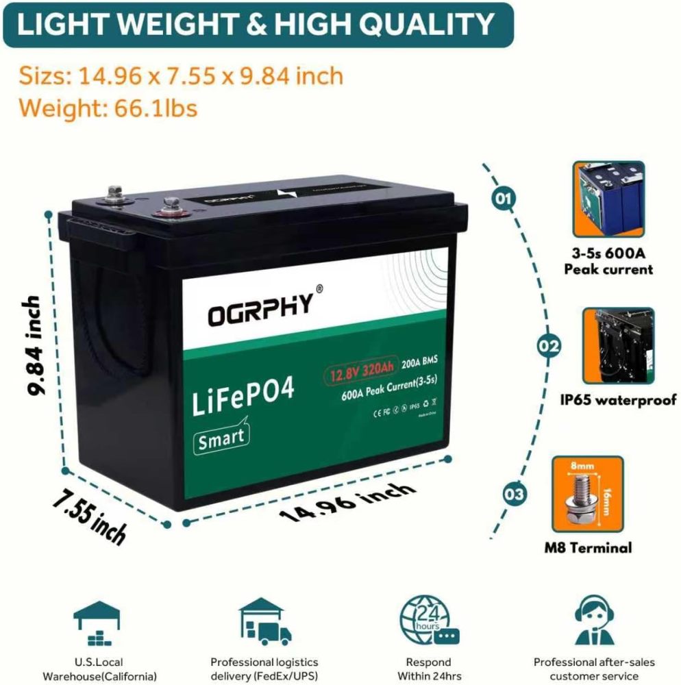 4096Wh 12V 320AH LiFePO4 RV Battery with Bluetooth and Low Temp Cut Off, Built in Smart 200A BMS Perfect for Camper, Trailer, Off-Grid and Solar System