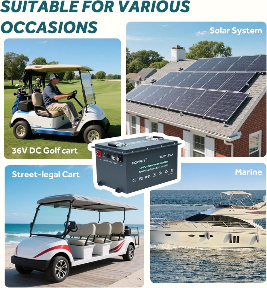 36V Lithium Golf Cart Battery, Built in Smart 200A BMS(1000A Peak Current), with Charger, Touch Monitor and Mobile APP, 4000+ Cycles Max 7.68kW Output, 70 Miles Range for Golf Cart(150AH)