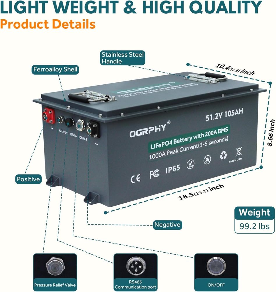 48V Lithium Golf Cart Battery, 200A BMS(1000A Peak Current), with Touch Monitor and Mobile APP, 4000+ Cycles 48V Lithium Battery with 18A Charger, Perfect for Golf Carts, Solar(105AH)