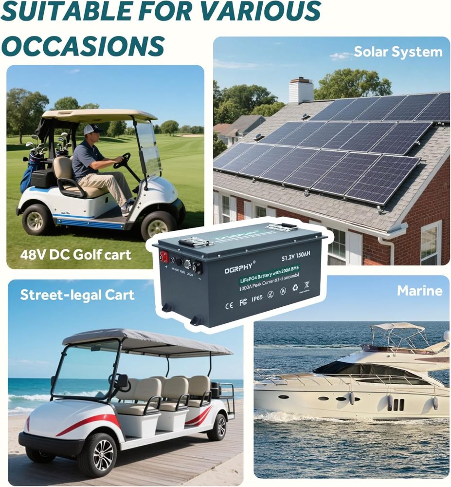 48V 150AH Lithium Golf Cart Battery with Charger, Built in 200A BMS with Touch Monitor and Mobile APP, 48V Lithium Battery with 1000A Peak Current, Max 10.24kW Output 70 Miles Range for Golf Cart