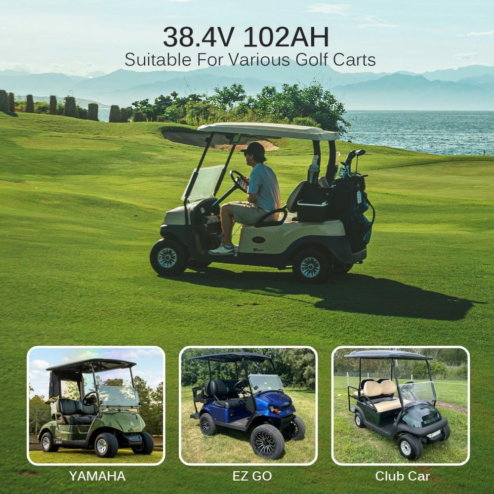 36V Lithium Golf Cart Battery 102Ah LiFePO4 36V Battery 200A BMS 1000A Peak Current, 3.89kWh Capacity, 4000+ Deep Cycles, Bluetooth,Touch Monitor and  and Mobile APP Monitor, 36V 25A Charger Golf Cart Accessories