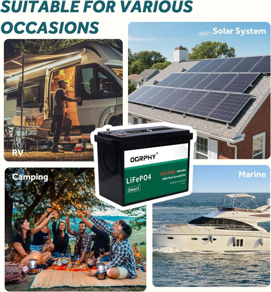 4096Wh 12V 320AH LiFePO4 RV Battery with Bluetooth and Low Temp Cut Off, Built in Smart 200A BMS Perfect for Camper, Trailer, Off-Grid and Solar System