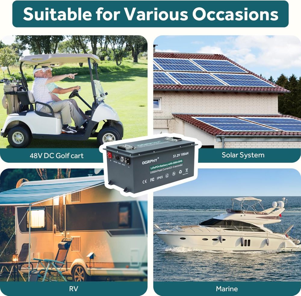 48V Lithium Golf Cart Battery, 200A BMS(1000A Peak Current), with Touch Monitor and Mobile APP, 4000+ Cycles 48V Lithium Battery with 18A Charger, Perfect for Golf Carts, Solar(105AH)