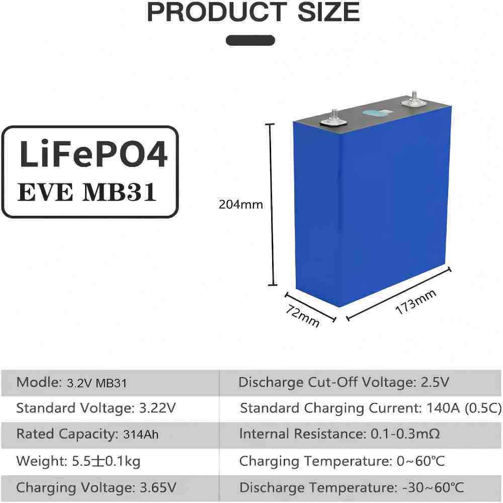 EVE LiFePO4 Cell 3.2V 314Ah MB31 Grade A Battery Deep Cycle Lithium Iron Phosphate Rechargeable Battery with QR Code,PV/Home Energy Storage Prismatic Batteries,Replacement Batteries for Solar Systems, Cars, RVs, Boats  4PCS