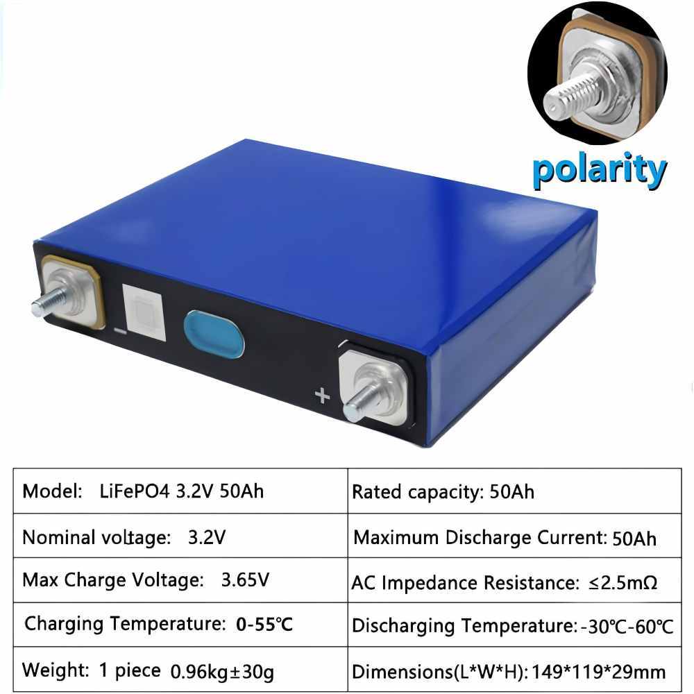 50A 3.2V LiFePO4 Cell Grade A  8000+ Deep Cycle Battery Lithium Iron Phosphate Rechargeable Battery Max.Continous Discharge 50A/1C,Included M6 Nuts and Bus Bars(4 PCS)
