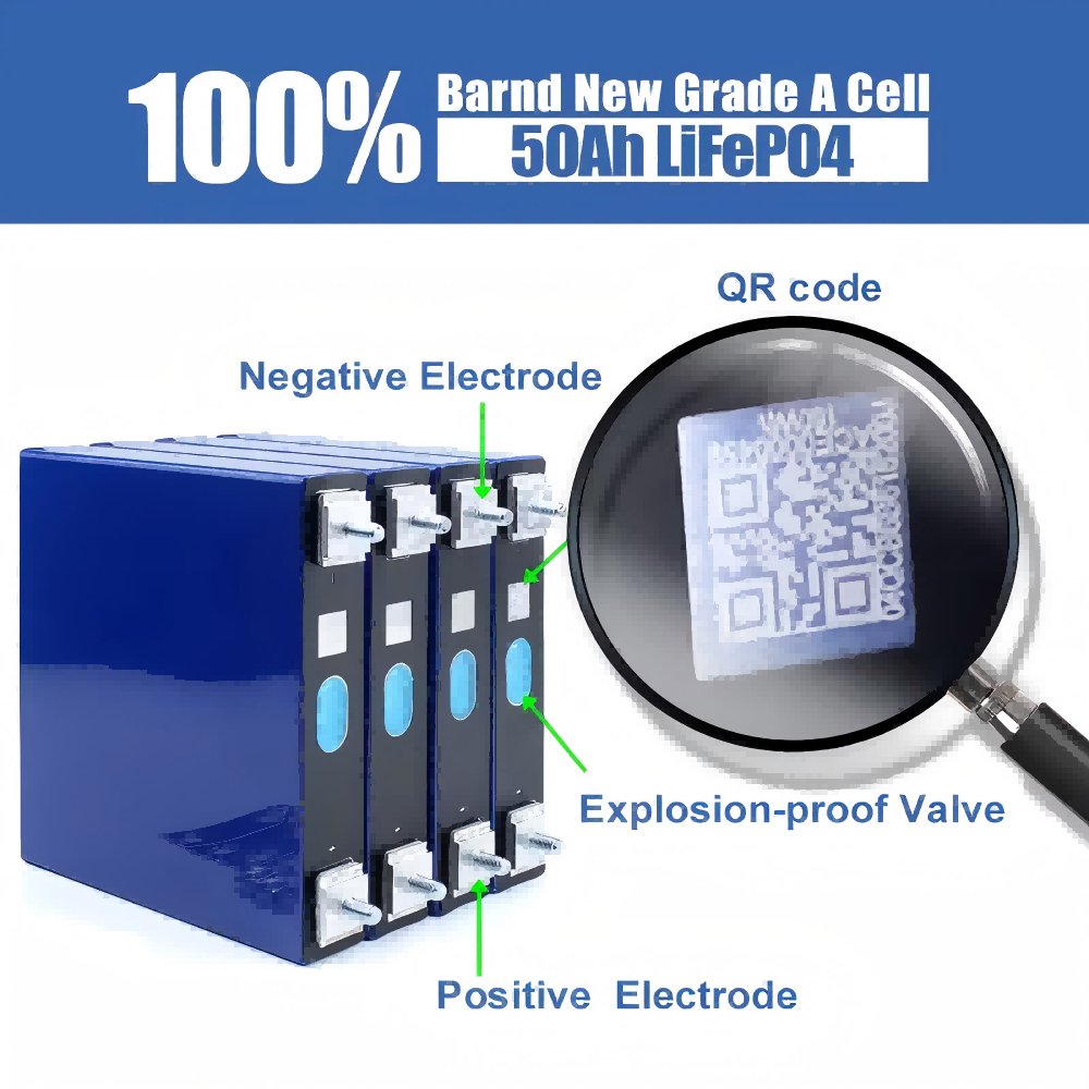 50A 3.2V LiFePO4 Cell Grade A  8000+ Deep Cycle Battery Lithium Iron Phosphate Rechargeable Battery Max.Continous Discharge 50A/1C,Included M6 Nuts and Bus Bars(4 PCS)