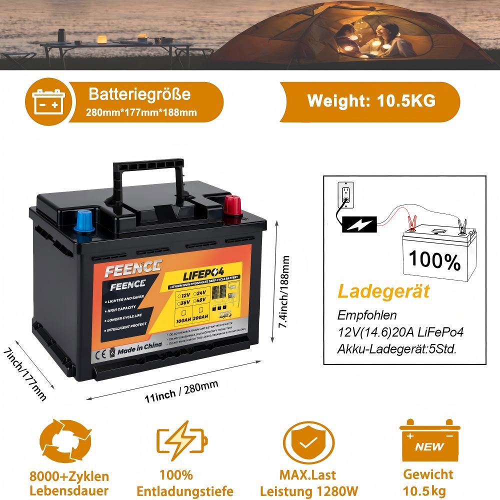 2 Pack 12 V 100 Ah LiFePO4 Lithium Battery Mini Size Height 188 cm,100 A BMS Car Battery, 8000+Deep Cycle Batteries, Mini Size for Caravans, Motorhomes, Boats, Trolling Motor, Solar.