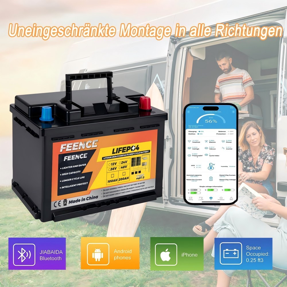 2 Pack 12 V 100 Ah LiFePO4 Lithium Battery Mini Size Height 188 cm,100 A BMS Car Battery, 8000+Deep Cycle Batteries, Mini Size for Caravans, Motorhomes, Boats, Trolling Motor, Solar.