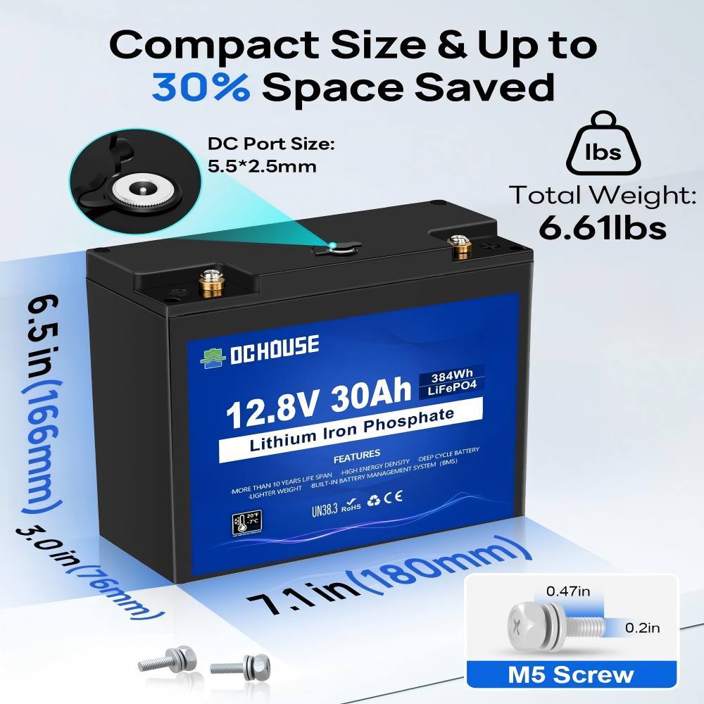 12V 30 Ah LiFePO4 Deep Cycle Lithium Battery Rechargeable with 4000+ Deep Cycle Batteries and BMS Protection for Fish Finder, Solar Panel, Boat with Motor, Motorhome, Golf Caddy