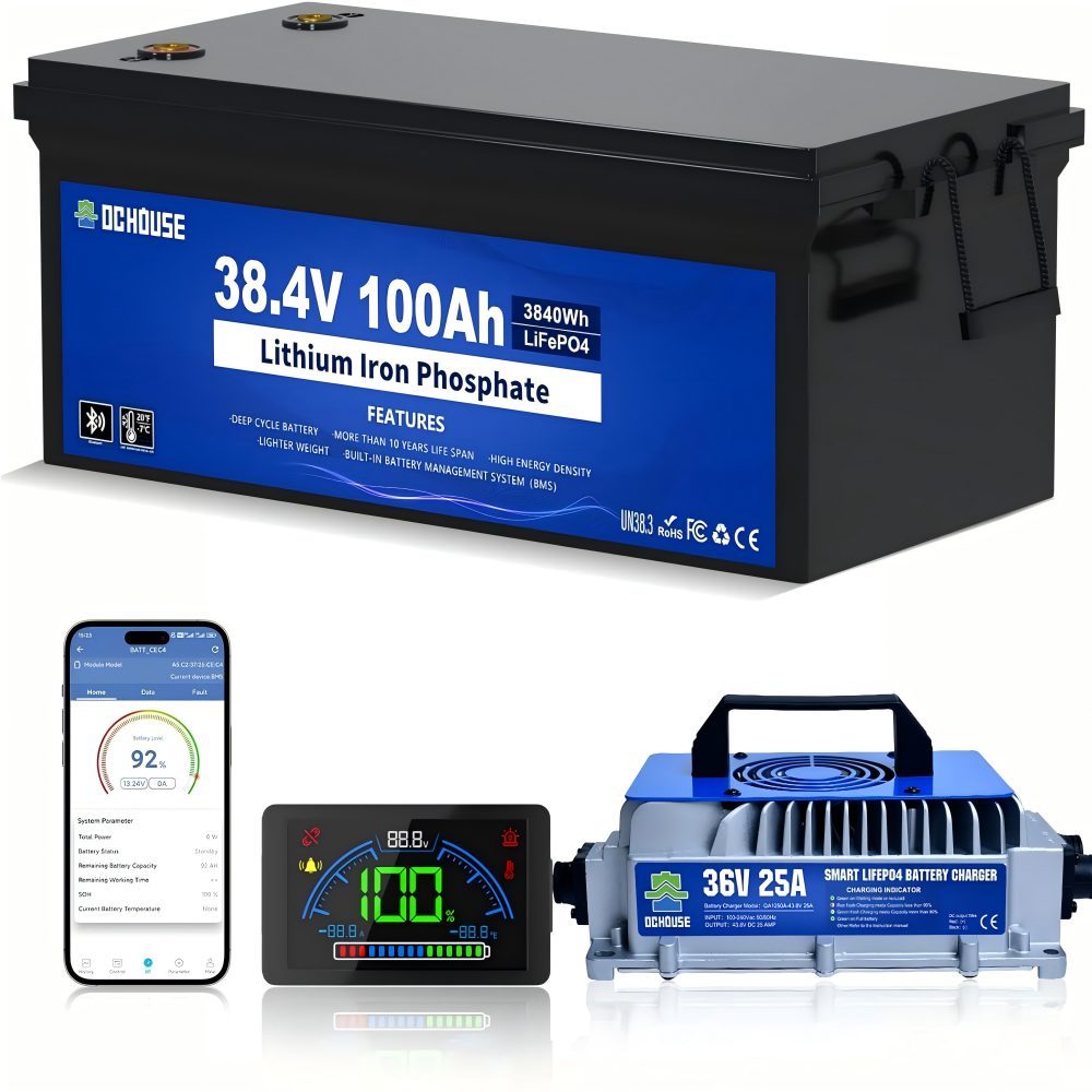 36V 100Ah Lithium Golf Cart Battery, Lifepo4 Battery with 36V 25A Charger, Bluetooth Mobile App & LCD Monitor, Deep Cycle Batteries,Built-in Smart 150A BMS, Peak Current 500A