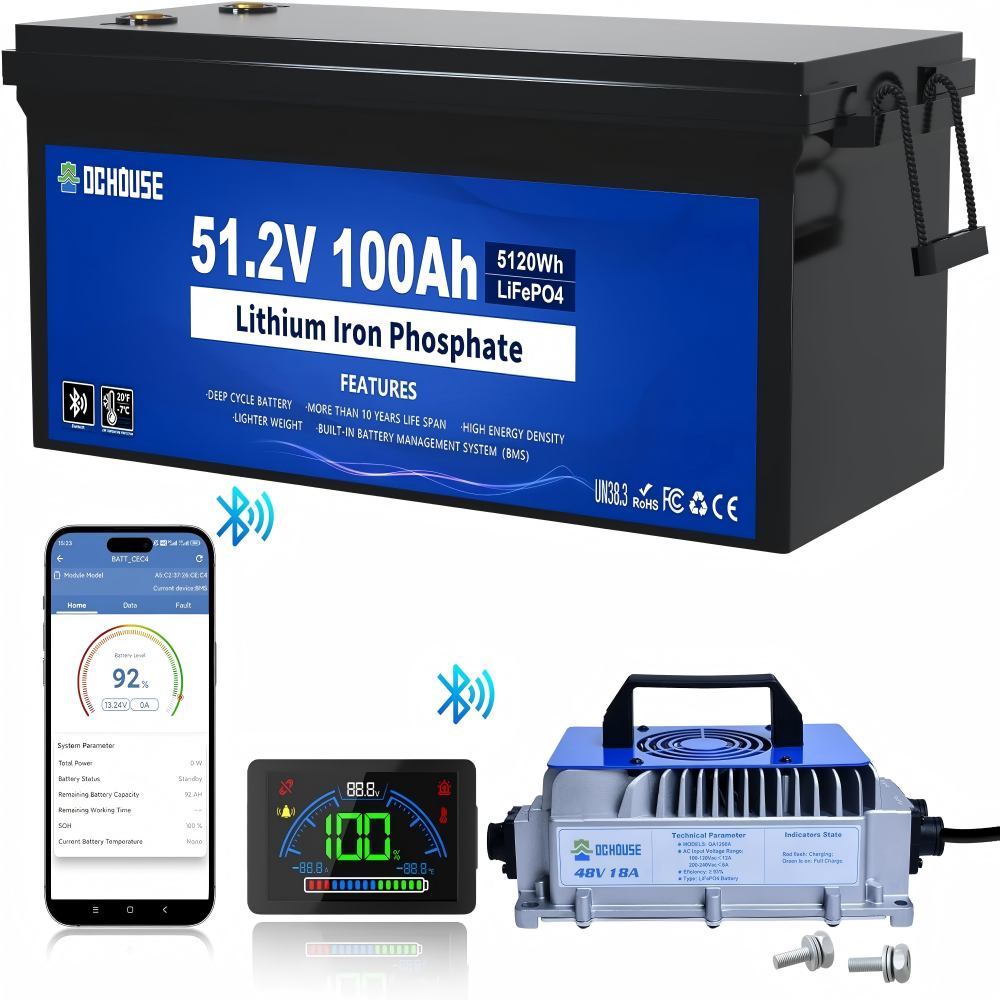 48V 100Ah Lifepo4 Golf Cart Lithium Battery, with 48V 18A Lithium Battery Charger, Integrated Smart 200A BMS, LCD Monitor & Mobile App, 8000+Deep Cycle Batteries,Peak Current 600A