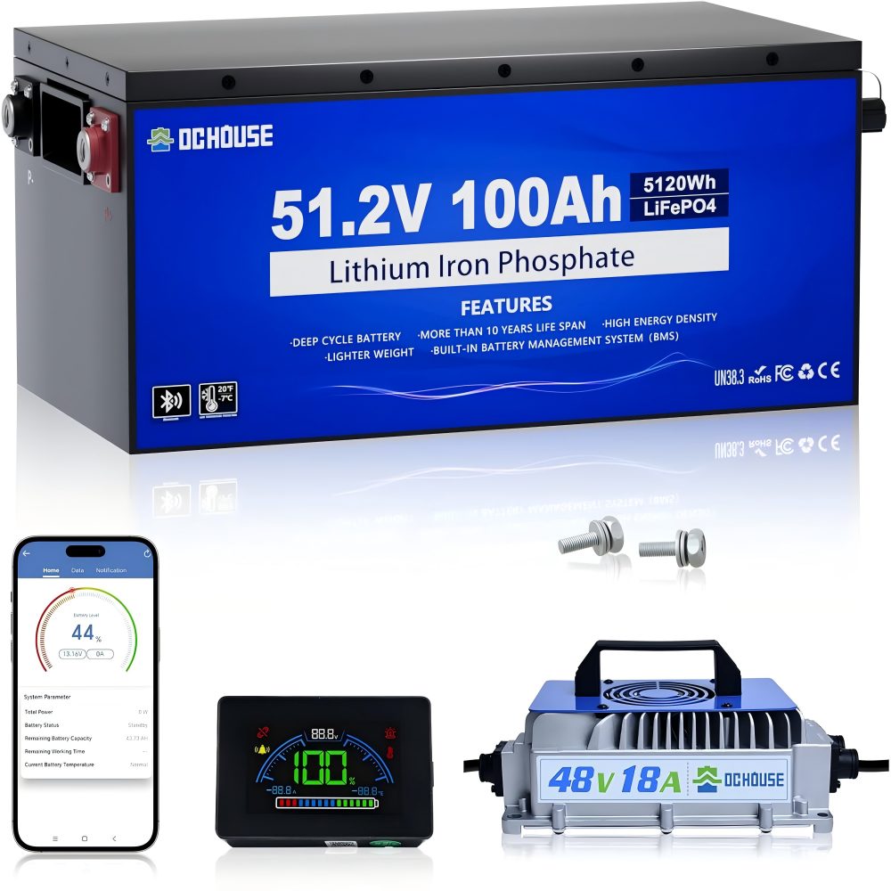 48V 100Ah LiFePO4 Golf Cart Lithium Battery 200A BMS Metal Case with 48V 18A Charger