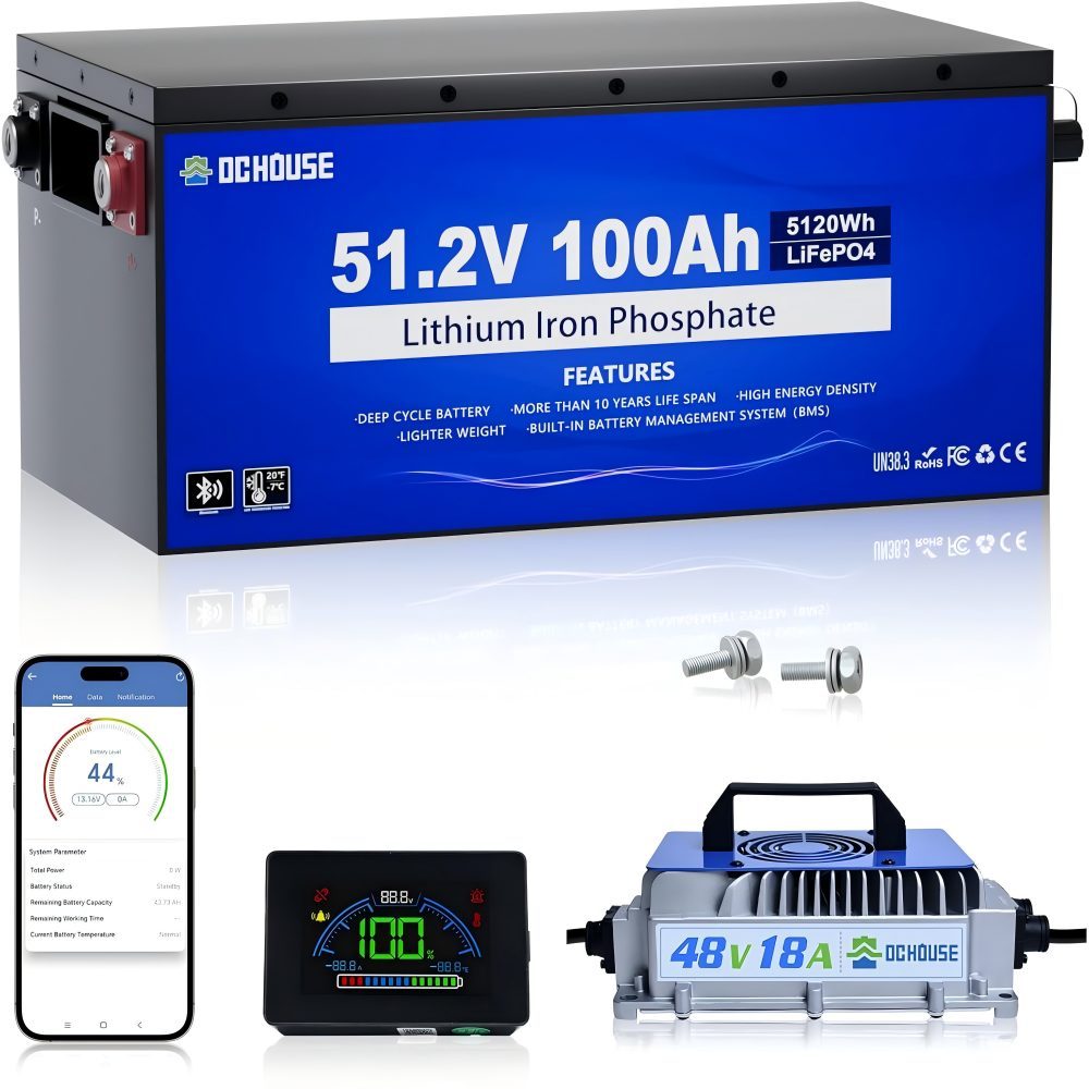 48 V 100 Ah LiFePO4 Golf Cart Battery with Bluetooth Battery Monitor and 18 A Charger Low Temperature Shut-Off Function, 8000+Deep Cycle Batteries,Robust Metal Housing, Suitable for Golf Carts, Solarlarge, RV