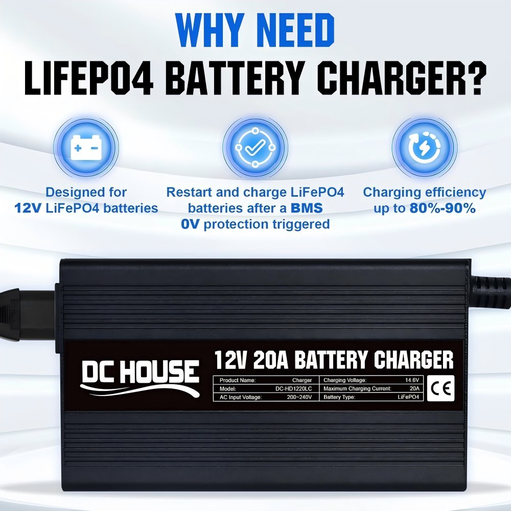 12V 200 Ah LiFePO4 Battery with 20 A Charger, Lithium Battery 12 V with 8000+ Times Deep Cycles and BMS, Deep Cycle Batteries for Motorhomes, Solar Systems, Caravans, Off-Grid Applications